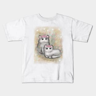 Cute colorful illustrations in retro style. Beautiful fluffy kitties with pink flowers around their head. Kids T-Shirt